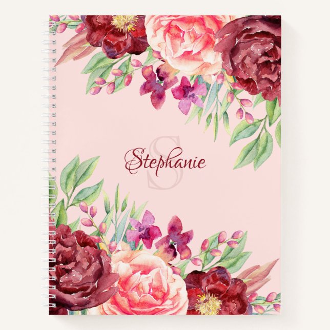Carnet Monogramme floral Bourgogne Blush Nom personnalisé (Devant)