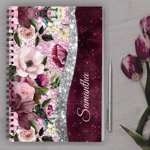 Carnet monogramme floral Burgundy rose argent faux partie