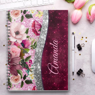 Carnet monogramme floral Burgundy rose argent faux partie