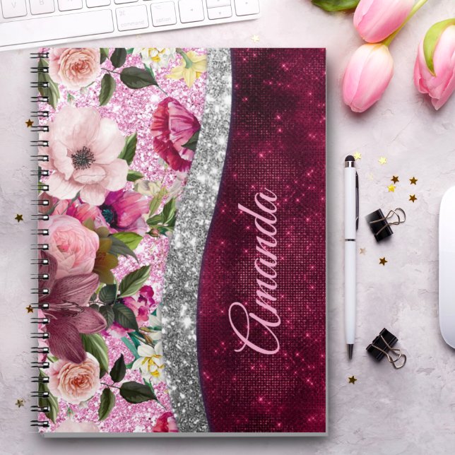 Carnet monogramme floral Burgundy rose argent faux partie (Créateur téléchargé)