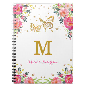 Carnet Monogramme floral de papillon d'or de jolie