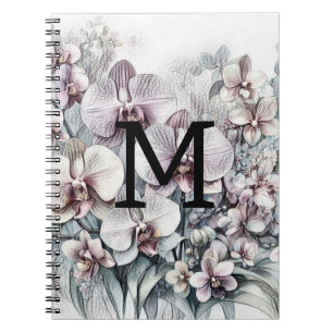 Carnet Monogramme floral dessin fleurs d'orchidées roses