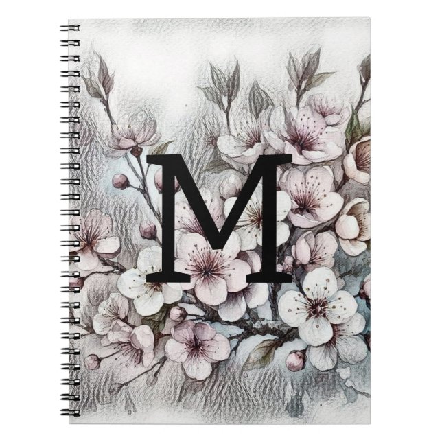 Carnet Monogramme floral dessin rose cerisier fleur (Devant)