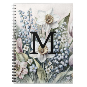 Carnet Monogramme floral dessin tulipes roses jonquilles
