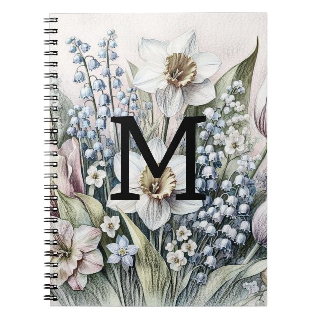 Carnet Monogramme floral dessin tulipes roses jonquilles (Devant)