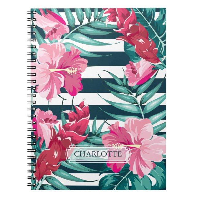 Carnet Monogramme floral d'été exotique rayé (Devant)