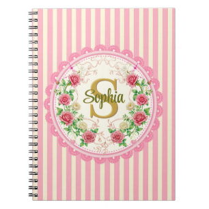 Carnet Monogramme Floral Rayé Rose Élégant Vintage