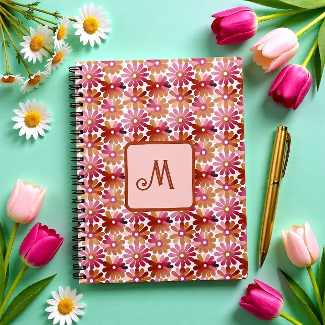 Carnet Monogramme Floral Rétro – Fleurs Roses et Marron (Retro Floral Monogram – Pink & Brown Flowers Notebook)