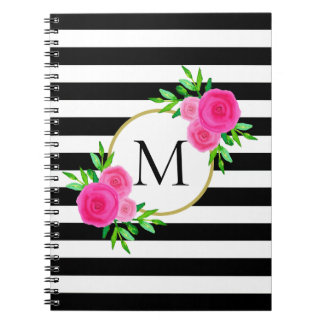 Carnet Monogramme floral rose Aquarelle Bande blanche noi