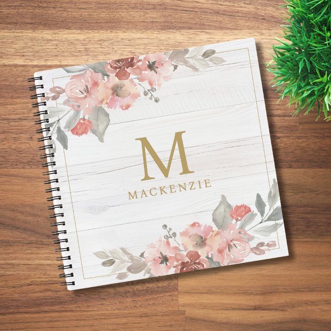 Carnet Monogramme Floral Rose Aquarelle Bois Rustique (Créateur téléchargé)