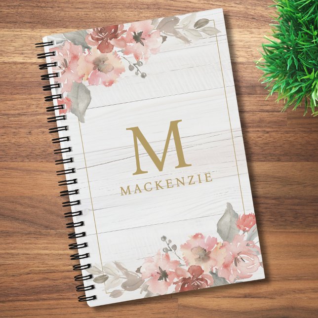 Carnet Monogramme Floral Rose Aquarelle Bois Rustique (Créateur téléchargé)