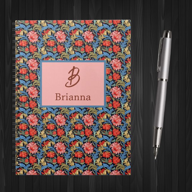 Carnet Monogramme floral rose bleu de style William Morri (Créateur téléchargé)