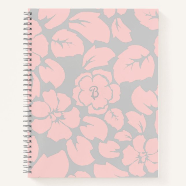 Carnet Monogramme floral rose pastel et gris (Devant)
