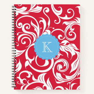Carnet Monogramme floral rouge et bleu clair