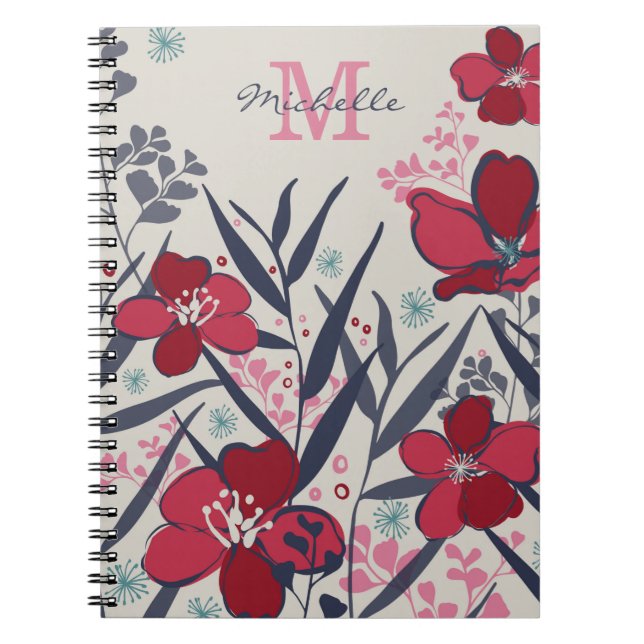 Carnet Monogramme floral rouge et rose chic (Devant)