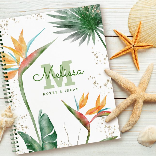 Carnet Monogramme Floral Tropical en écriture dorée et bl (Créateur téléchargé)