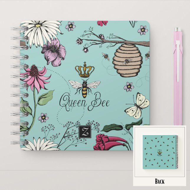 Carnet Monogramme floral Turquoise de l'abeille reine et  (Royal Queen Bee Hand-Drawn Design & Monogram
On the Back: Pattern & Editable "Mommy You Rule" Text)