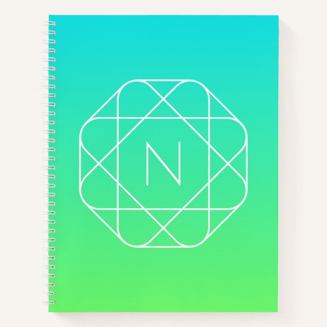Carnet Monogramme Géométrique Cool | Dégradé Bleu & Vert  (Devant)