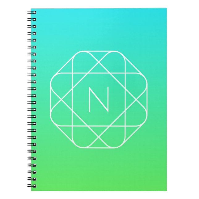Carnet Monogramme Géométrique Cool | Ombré Bleu & Vert Ci (Devant)