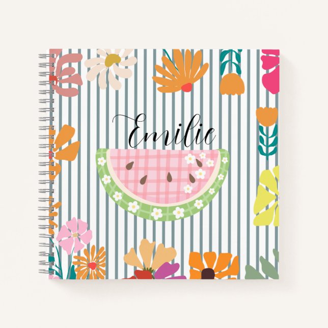 Carnet Monogramme girly floral motif rayé pastèque (Devant)