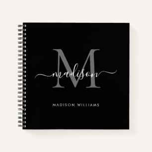 Carnet Monogramme gris argenté noir Nom initial du script