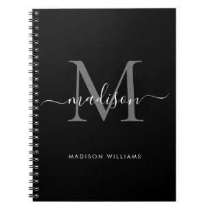 Carnet Monogramme gris argenté noir Nom initial du script