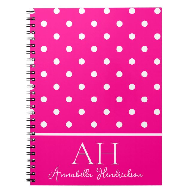 Carnet Monogramme initial à pois rose néon chaud (Devant)