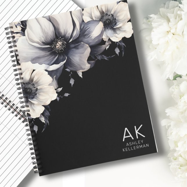 Carnet Monogramme Initial Blanc Noir Floral Moderne (Modern Floral Initials Name Black White Monogram Notebook)