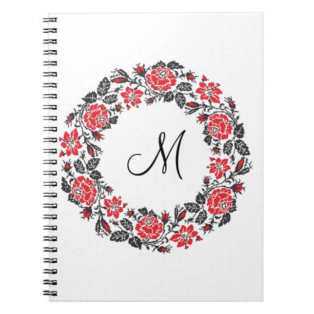 Carnet Monogramme initial des roses rouges à point croisé (Devant)