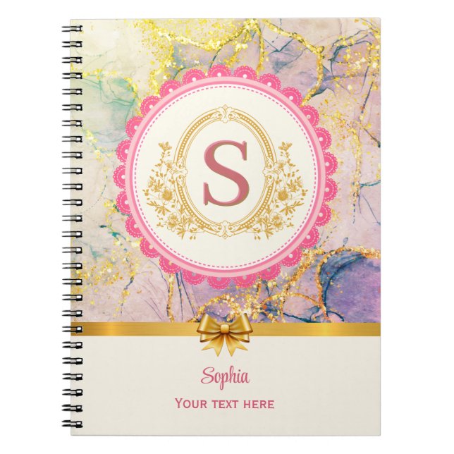 Carnet Monogramme Initial Élégant Pastel Marbre Rose Or (Devant)