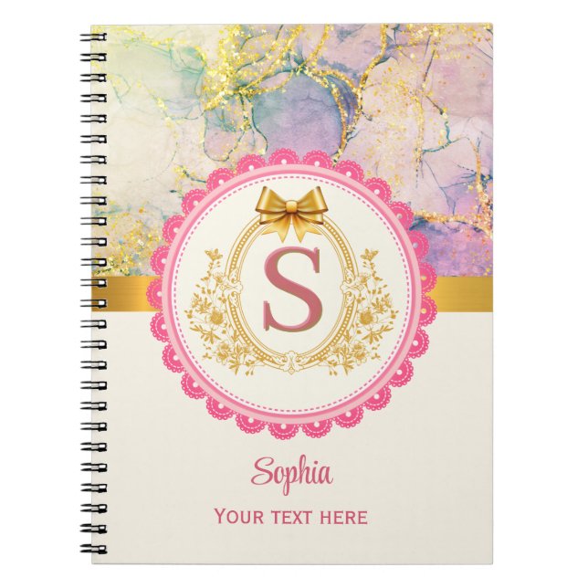 Carnet Monogramme Initial Élégant Pastel Marbre Rose Or (Devant)