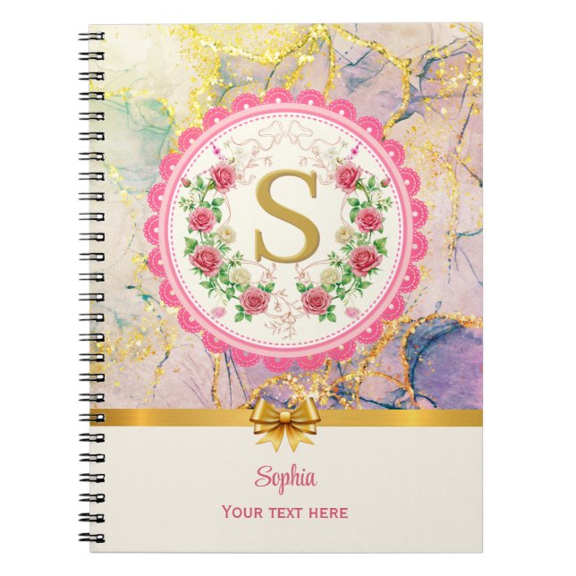 Carnet Monogramme Initial en Marbre Rose Élégant avec Fle (Devant)