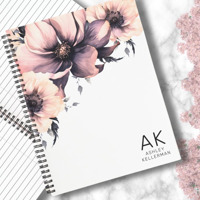 Carnet Monogramme Initial Floral Élégant Moderne Rose (Modern Elegant Monogram Initial Boho Pink Floral Notebook)