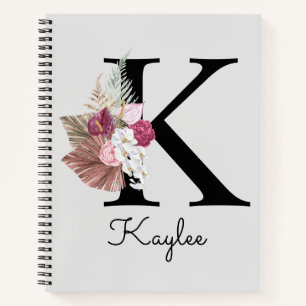 Carnet Monogramme initial K rose Boho Floral