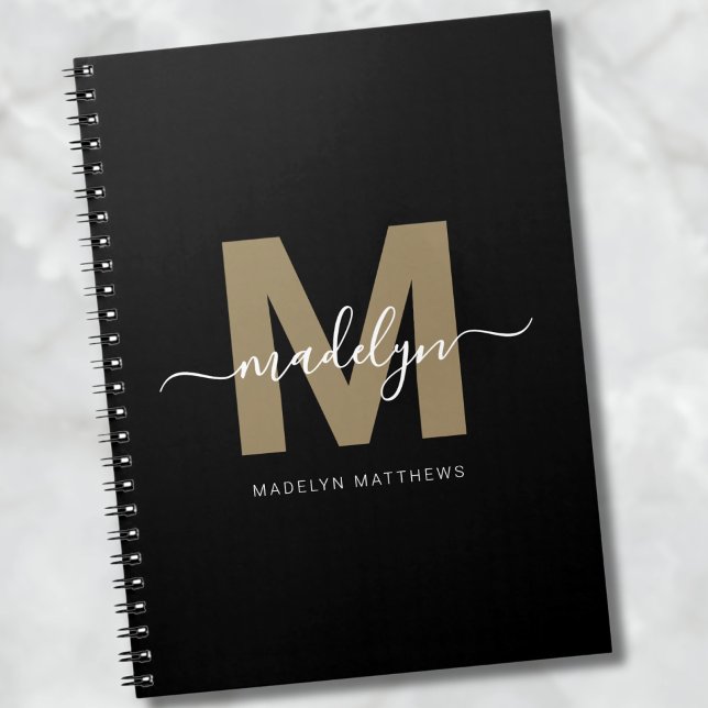 Carnet Monogramme Initial Nom de Script Or Noir Moderne (Modern Black Gold Script Name Initial Monogram notebook)