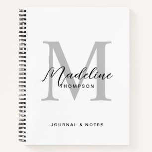 Carnet Monogramme Initial Script Noir Moderne Blanc Gris
