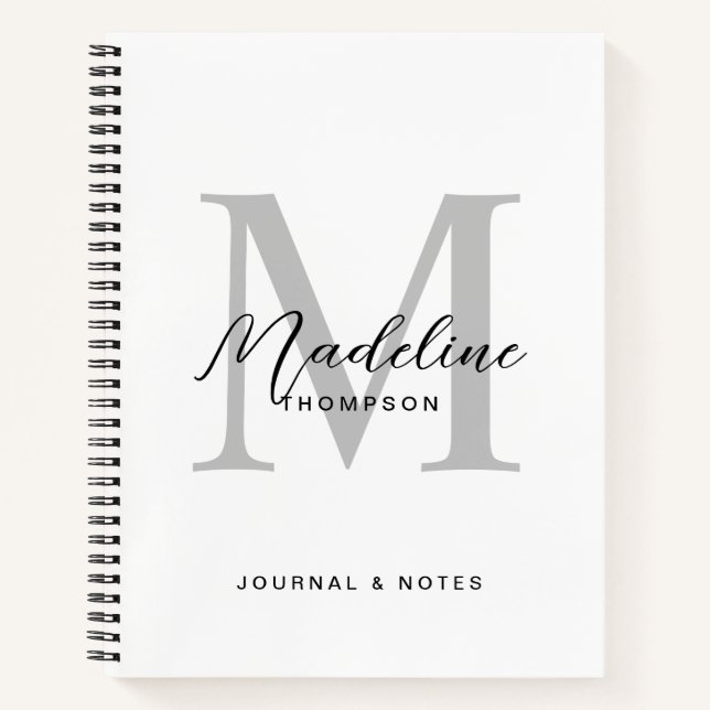 Carnet Monogramme Initial Script Noir Moderne Blanc Gris (Devant)