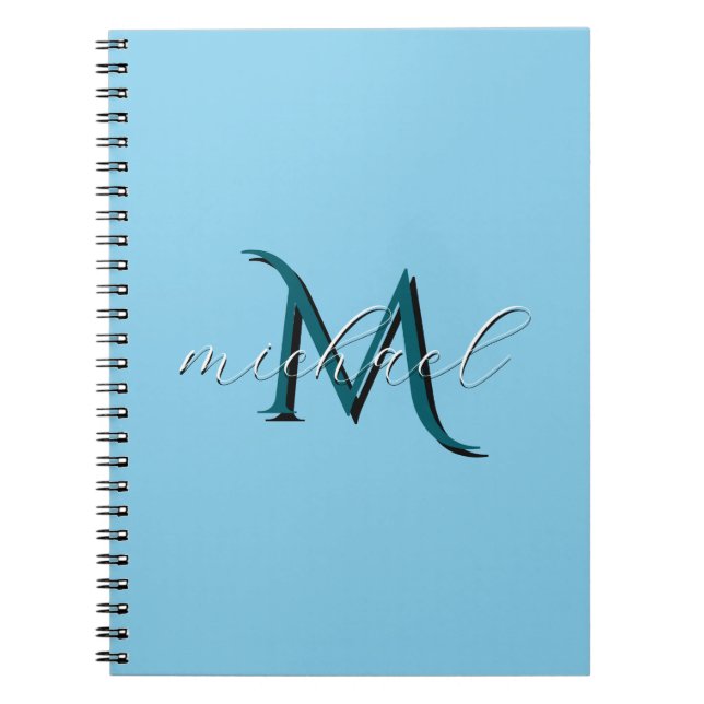 Carnet Monogramme Initiale et Nom Personnalisés Bleu Ciel (Devant)