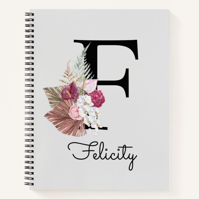 Carnet Monogramme initiale F Floral Boho Rose (Devant)