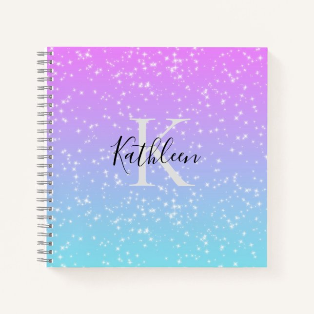 Carnet Monogramme Initiale Nom Rose Bleu Pailleté Féminin (Devant)