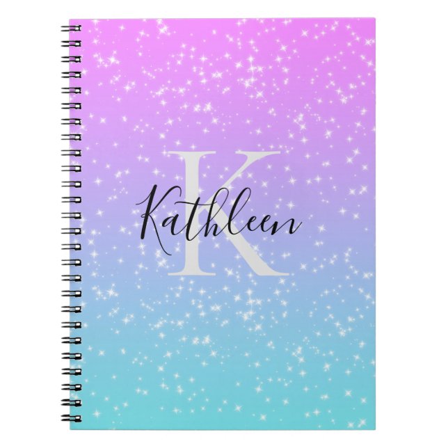 Carnet Monogramme Initiale Nom Rose Bleu Pailleté Féminin (Devant)
