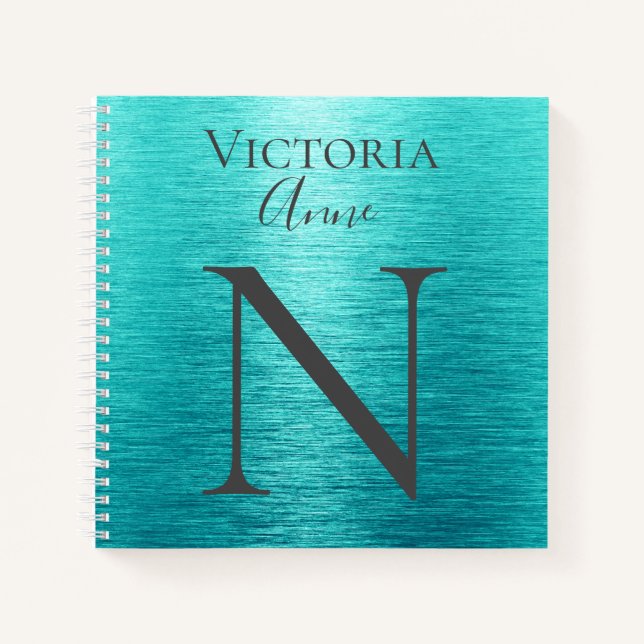 Carnet Monogramme Initiales Nom Customisé Turquoise (Devant)