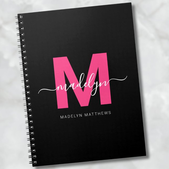 Carnet Monogramme Initiales Nom Rose Chaude Noir Féminin (Girly Black Hot Pink Initial Monogram Name notebook)