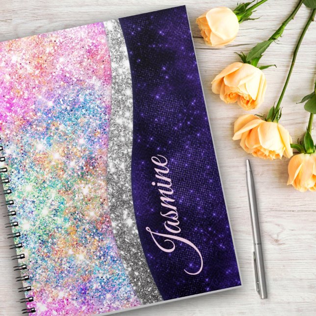 Carnet monogramme iridescent argent pailleté faux violet (Créateur téléchargé)