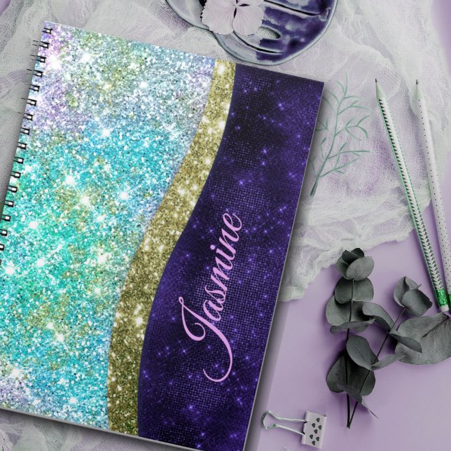 Carnet Monogramme iridescent chic faux paillettes bleu vi (Créateur téléchargé)