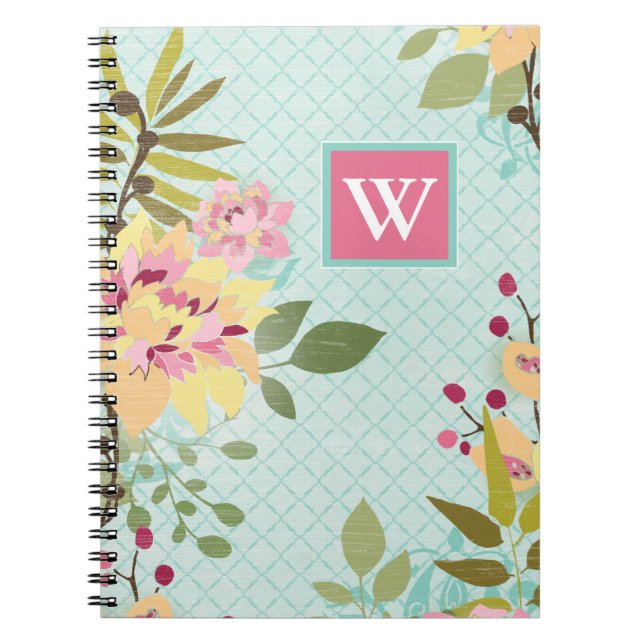 Carnet Monogramme | Jardin floral, Arrière - plan bleu (Devant)
