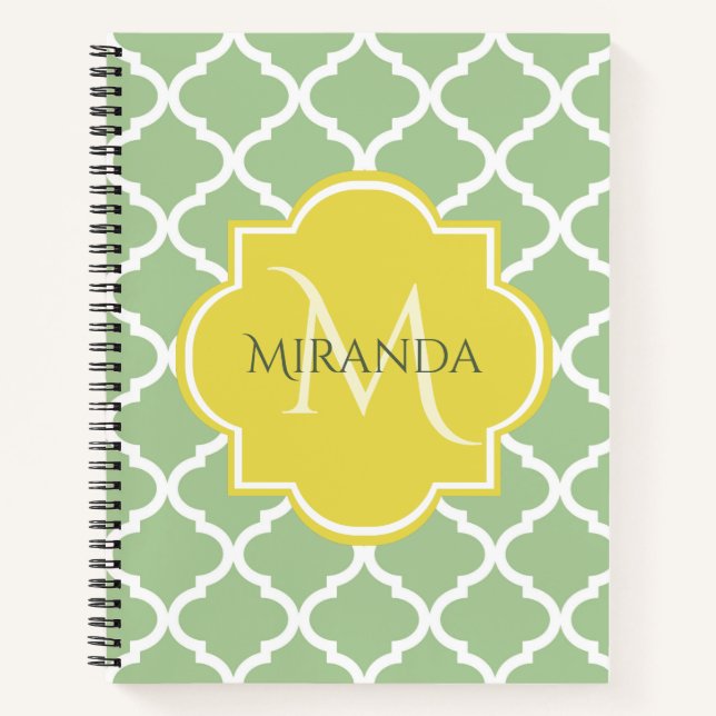 Carnet Monogramme jaune Quatrefeuille Vert pastel chic (Devant)