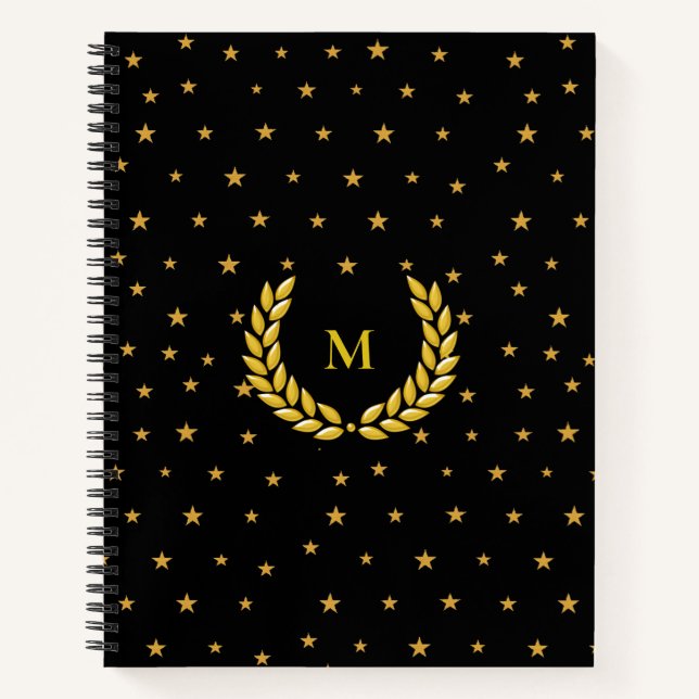 Carnet Monogramme, laurier et étoiles dorées sur fond noi (Devant)