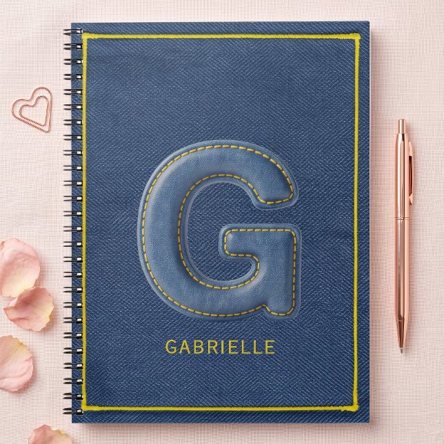 Carnet Monogramme Lettre G Brodé Bleu Denim Rétro (Créateur téléchargé)
