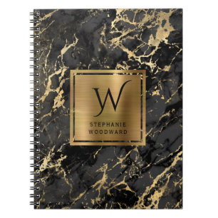 Carnet Monogramme Marbre Noir Élégant Or